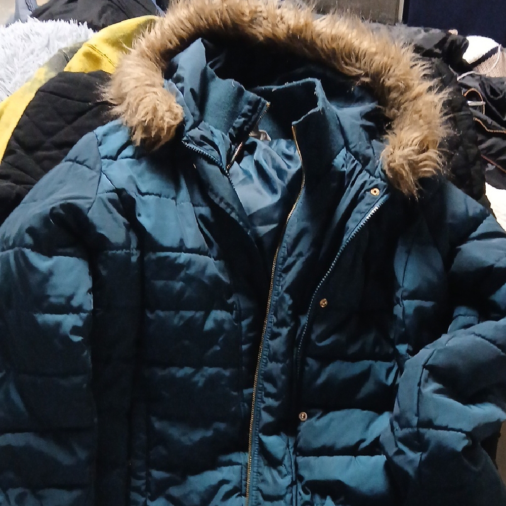 Teal Puffer Jacket with Faux Fur Hood